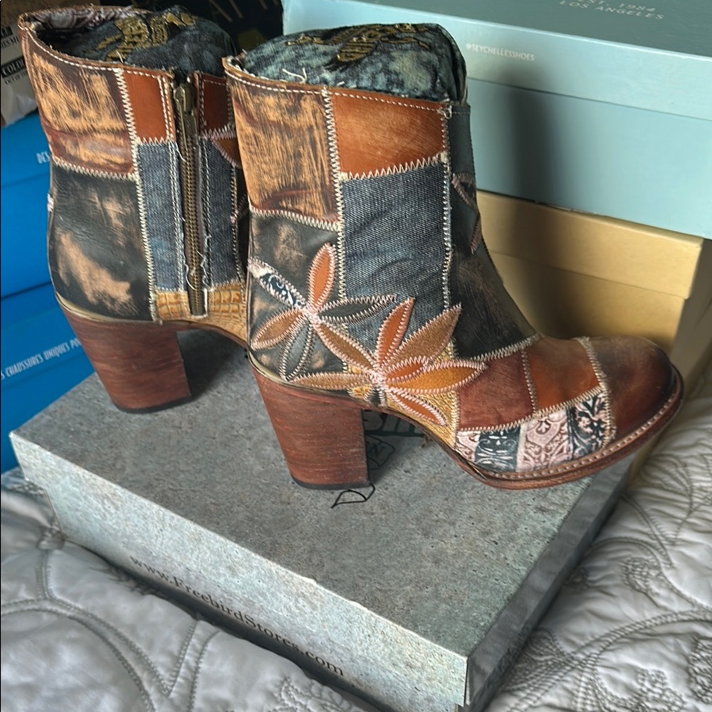 Freebird Petal brown Patchwork Ankle Boots - Multicolor sz 10 new without box